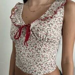 Thirty Thirty LA Tan Red Floral Ruffle Trim Smocked V-neck Boho Cropped Tank Top